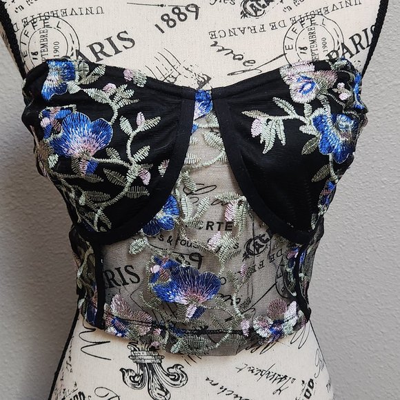 Y2K Plus Black Blue Mesh Embroidered Corset Bustier Crop Cami Top NEW - Picture 5 of 6